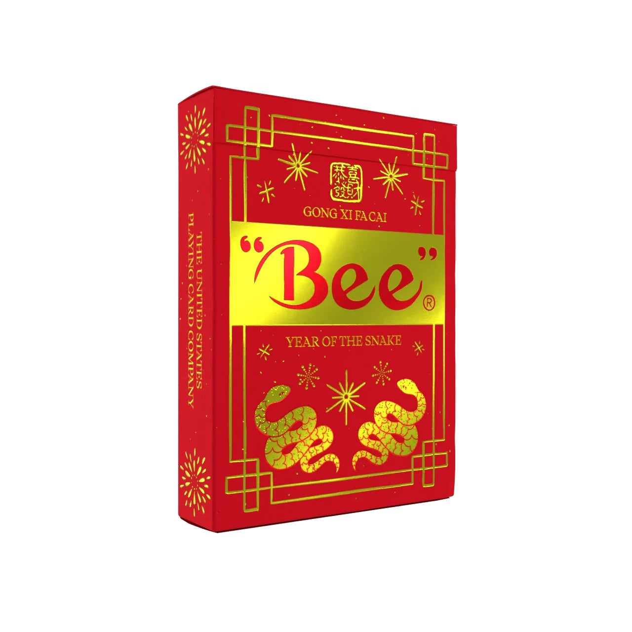 Front angled view of Bee Year of the Snake Playing Cards tuck box with Bee logo, Year of the Snake text, and red gold design