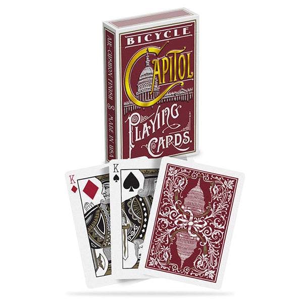 Bicycle Capitol playing cards with a red and white design on a white background