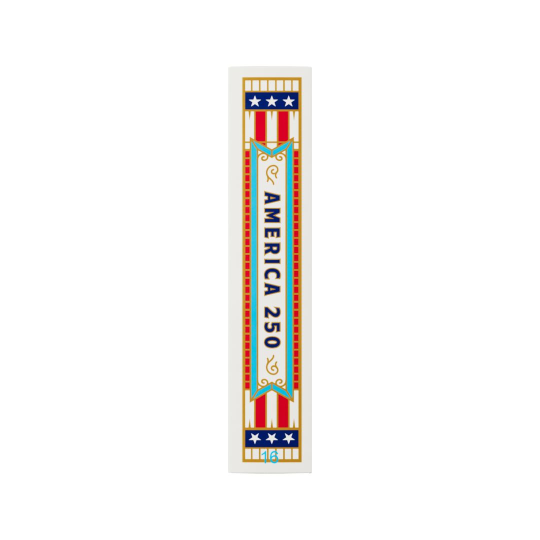 Left side panel of the Remembrance America 250 playing card tuck box with vertical America 250 lettering and patriotic border details.