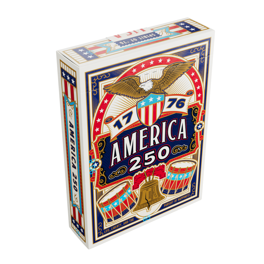 Angled left-side view of the Remembrance America 250 playing card tuck box showing the front and side panels.