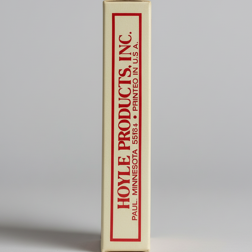 Rectangular box with 'Hoyle Products, Inc.' branding on a wooden surface