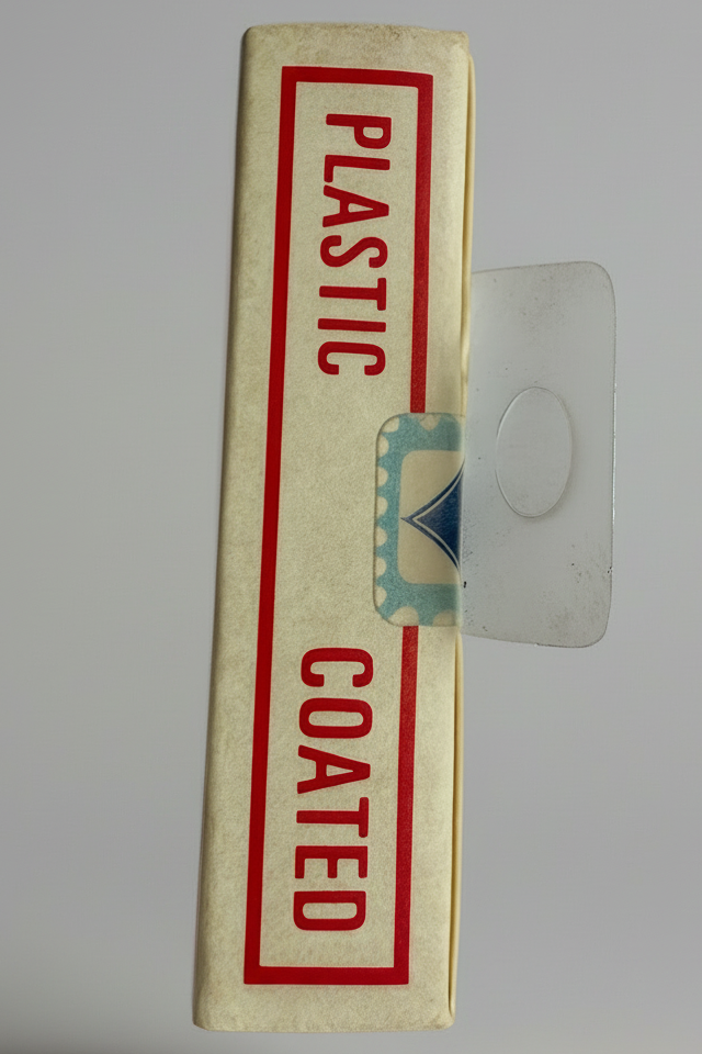 Box labeled 'Plastic Coated' with a white object on a wooden surface