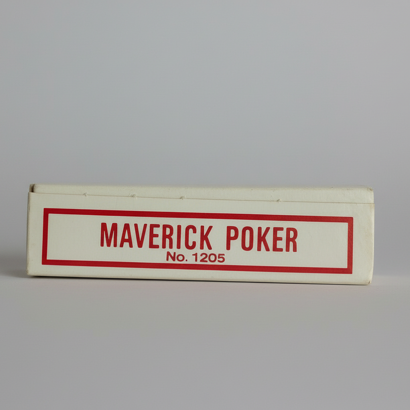 Maverick Poker card box with red text on a wooden surface
