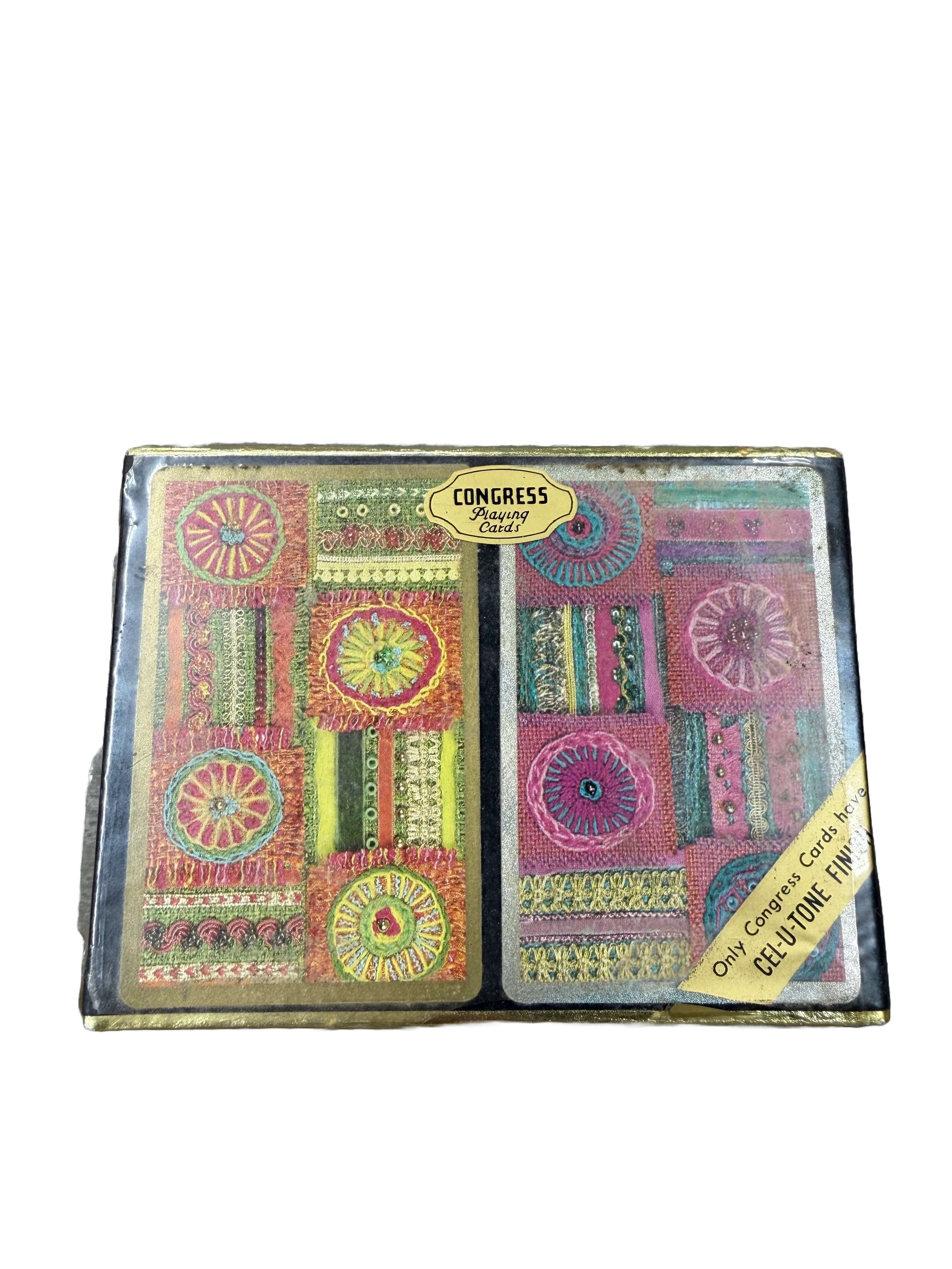 Colorful patterned Congress Shapes cards in packaging on a white background