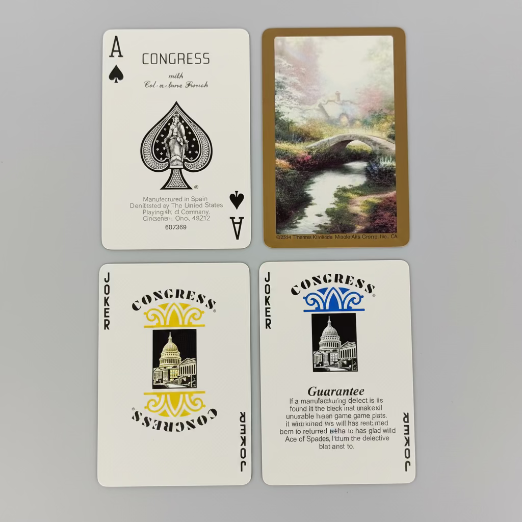 Congress Gardens Ace of Spades, Thomas Kinkade scenic card back and two Congress Jokers