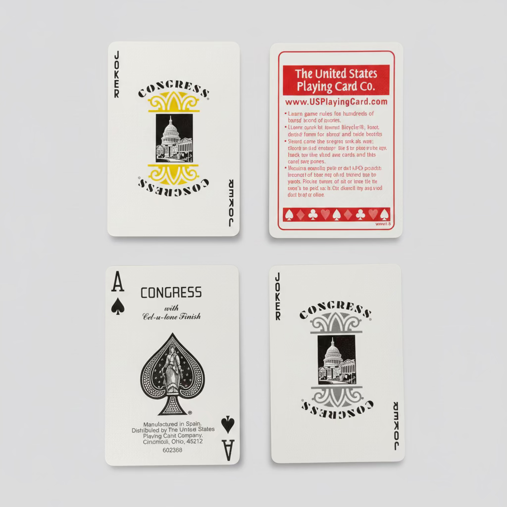 Congress Gardens playing cards with Ace of Spades, two Congress Jokers and U.S. Playing Card Company guarantee card