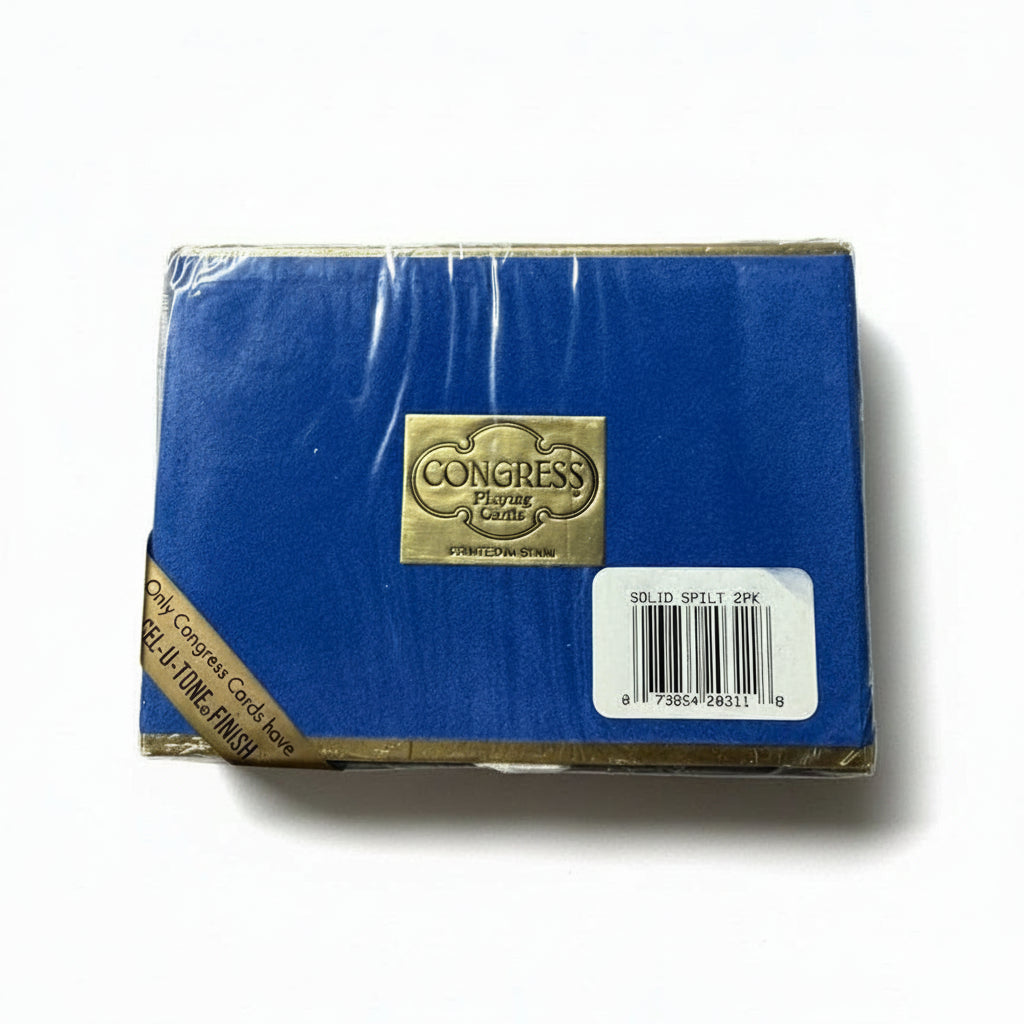 Blue back of Congress playing cards packaging with gold logo on a white background