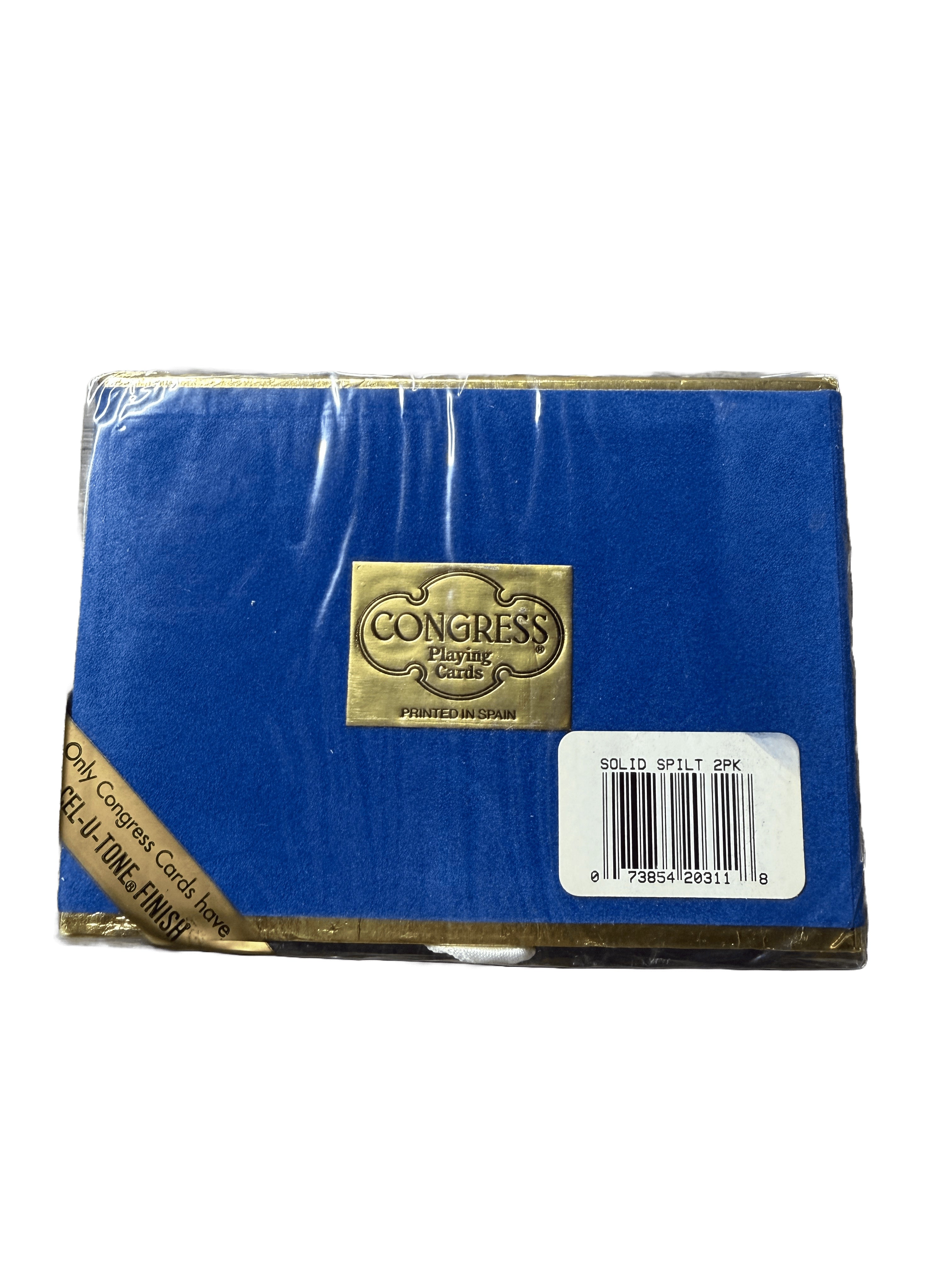 Blue back of Congress playing cards packaging with gold logo on a white background