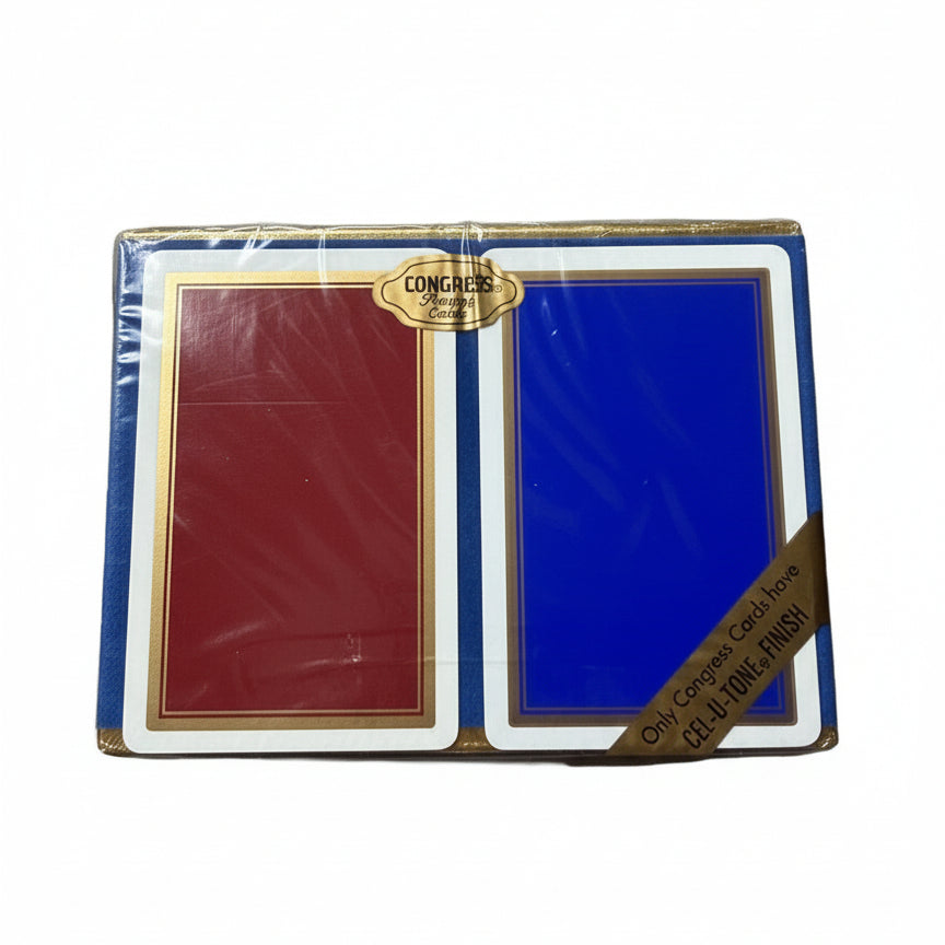 Pack of Congress solid red and blue playing cards with a visible Congress label on a white background