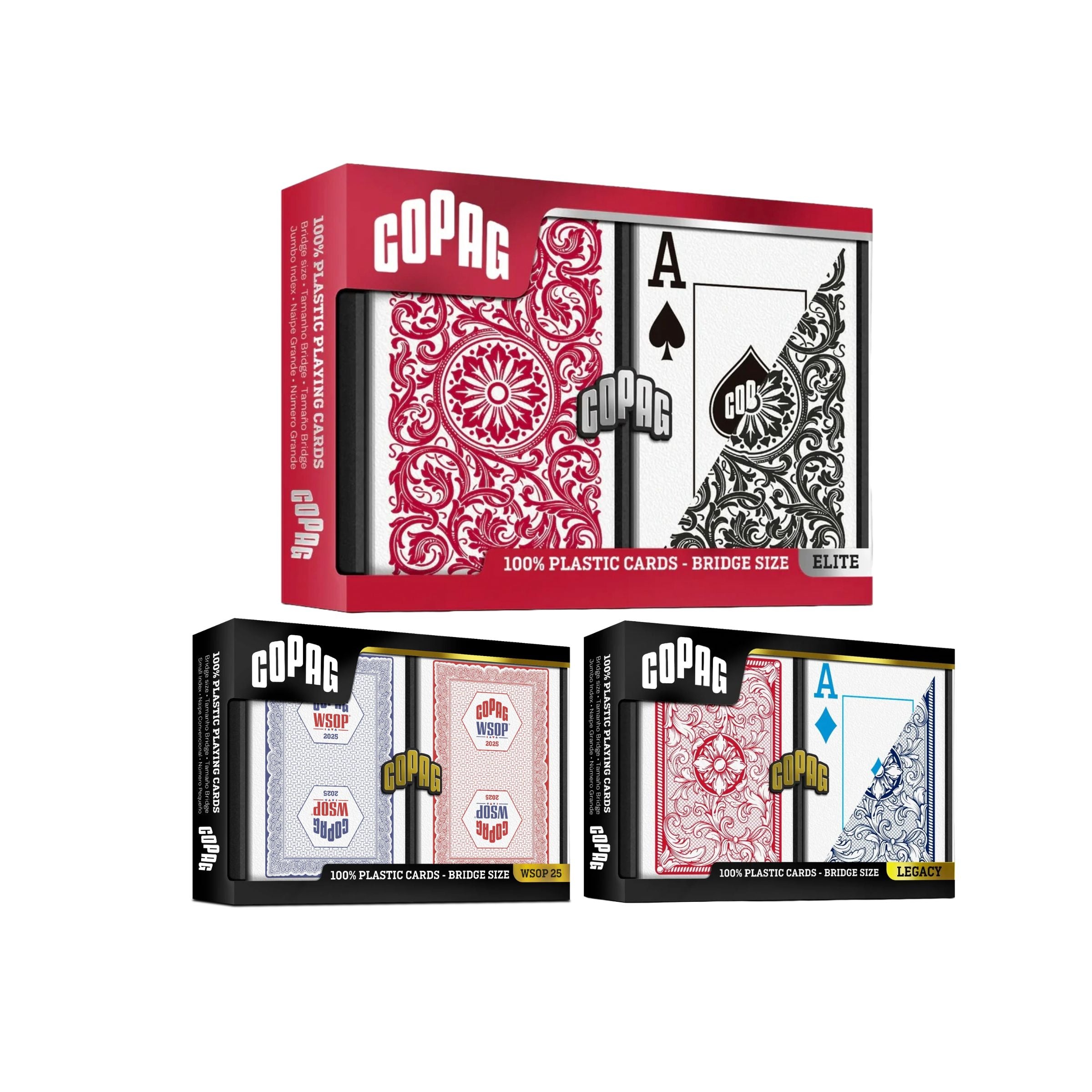Copag Bridge Favorites Bundle including three boxes of Copag bridge size playing cards on a white background