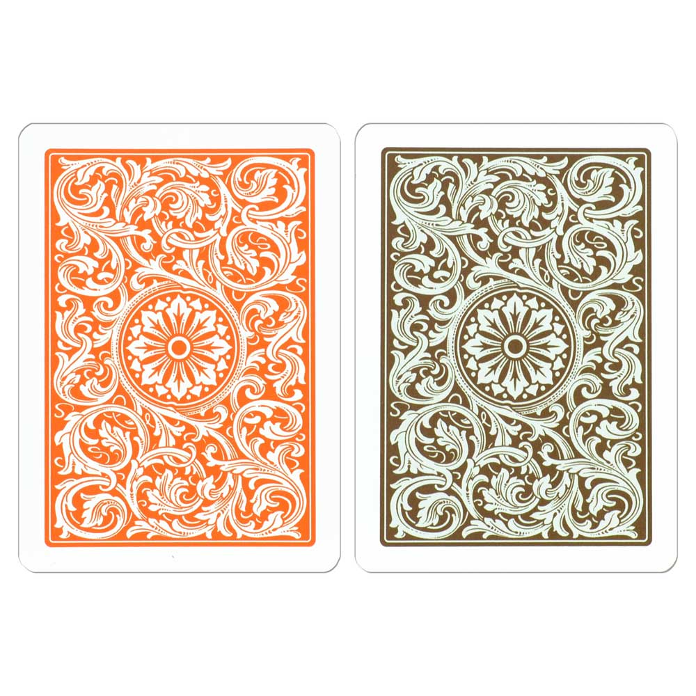 Two Copag 1546 Playing Cards – Poker Size, Jumbo Index (Orange & Brown) with intricate floral patterns on a white background