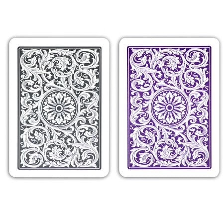 Two Copag 1546 Plastic Playing Cards – Poker Size, Jumbo Index (Purple & Gray) playing cards with intricate designs on a white background