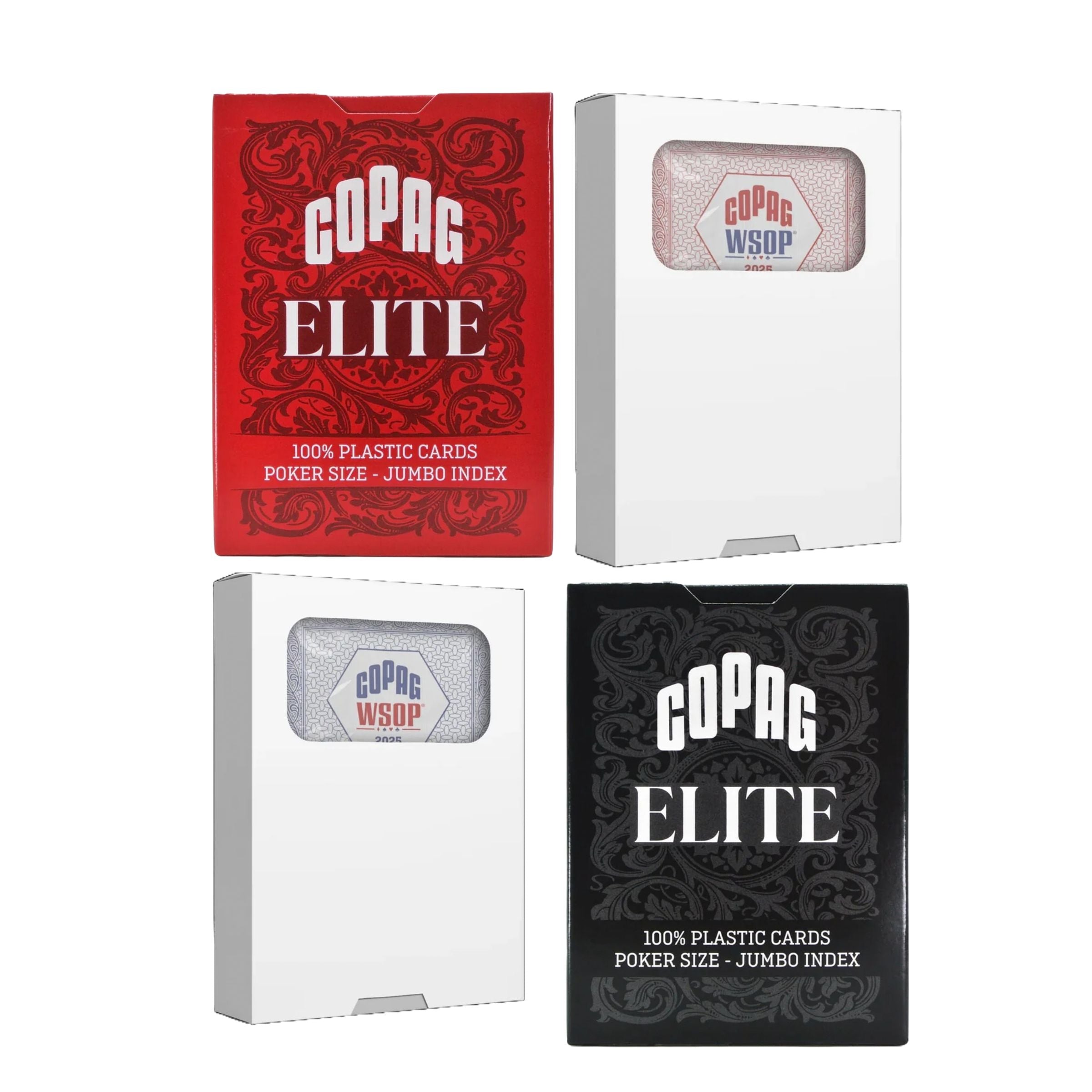Copag Bridge Singles Sampler Bundle including Copag Elite playing cards in red and black plus Copag WSOP 2025 bridge decks in red and blue on a white background