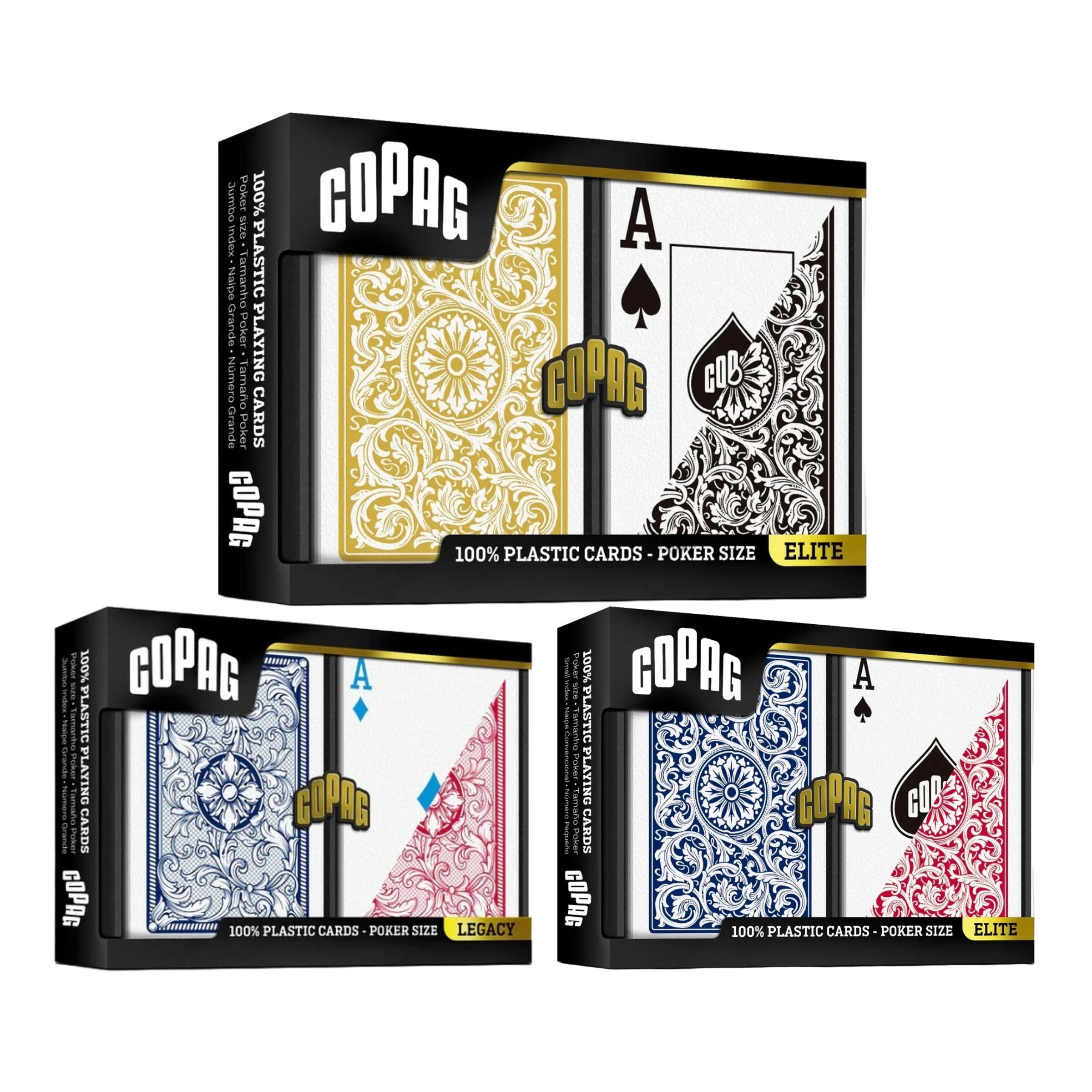 Copag Poker Favorites Bundling including three boxes of Copag double deck sets of  playing cards on a white background