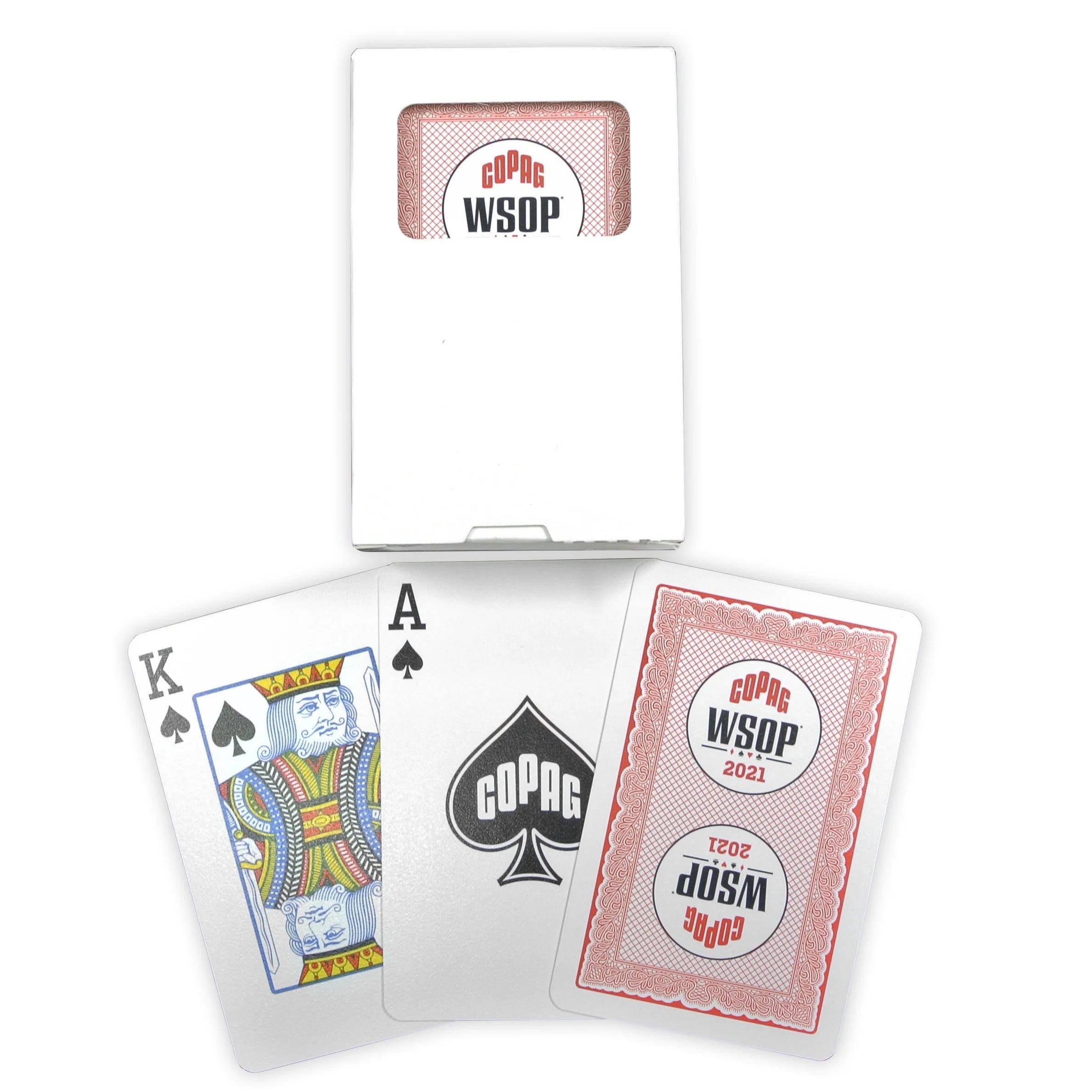 Playing cards with Copag WSOP 2021 branding on a white background