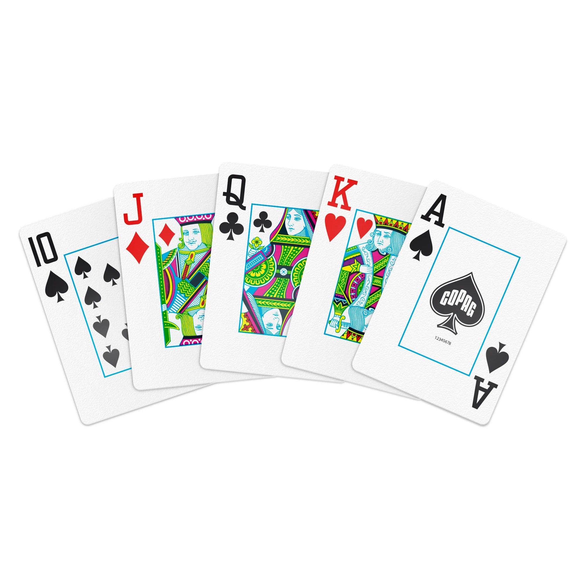 Copag jumbo playing cards with colorful designs on a white background