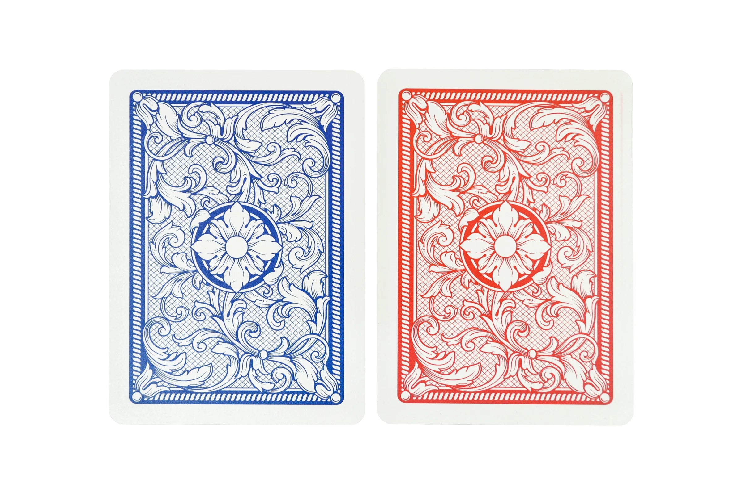 Two Copag Legacy Poker Size Jumbo Index (Red & Blue) playing cards, one blue and one red, with decorative patterns on a white background.