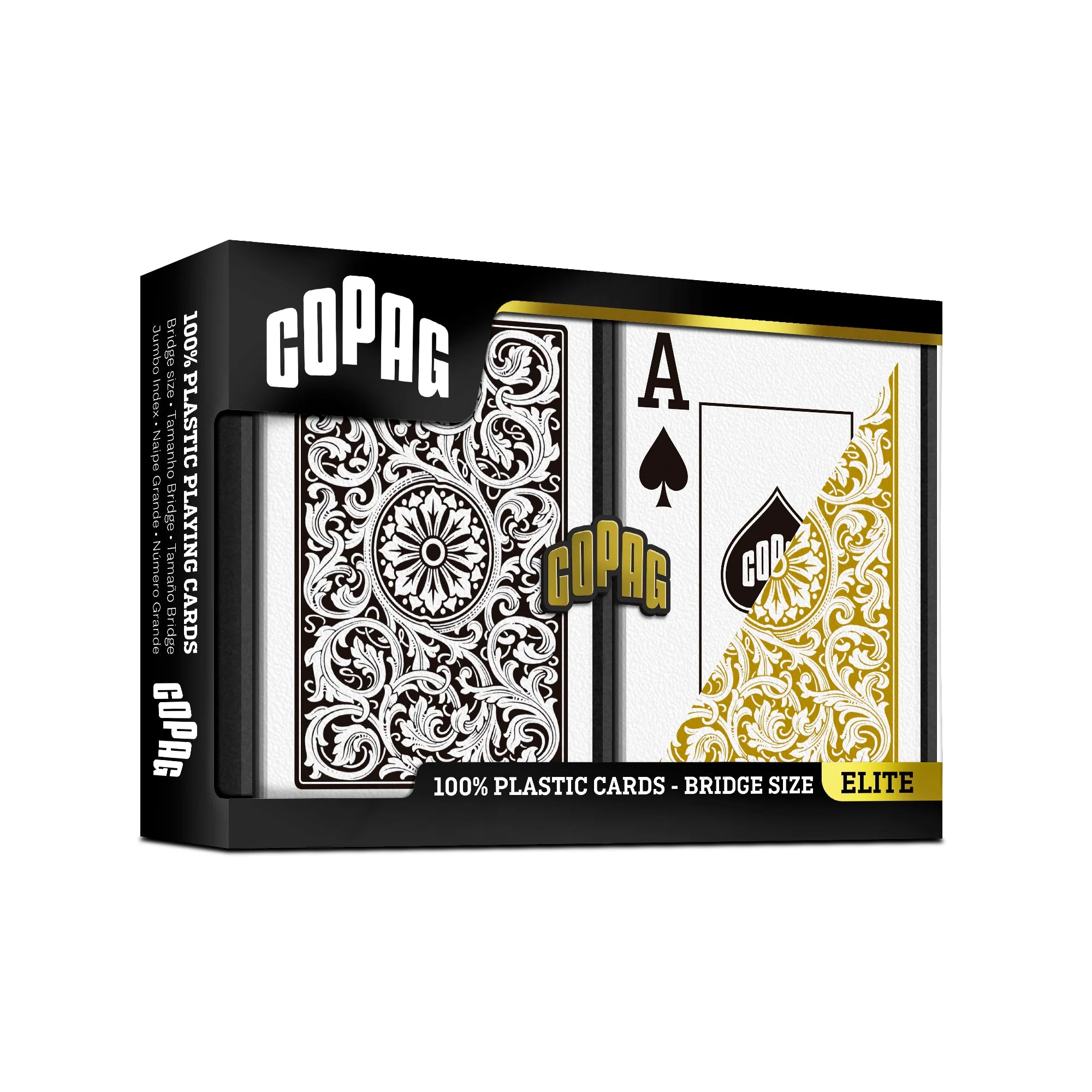 Copag 1546 Bridge Size Jumbo Index (Black & Gold) playing cards packaging with black, white, and gold design on a white background