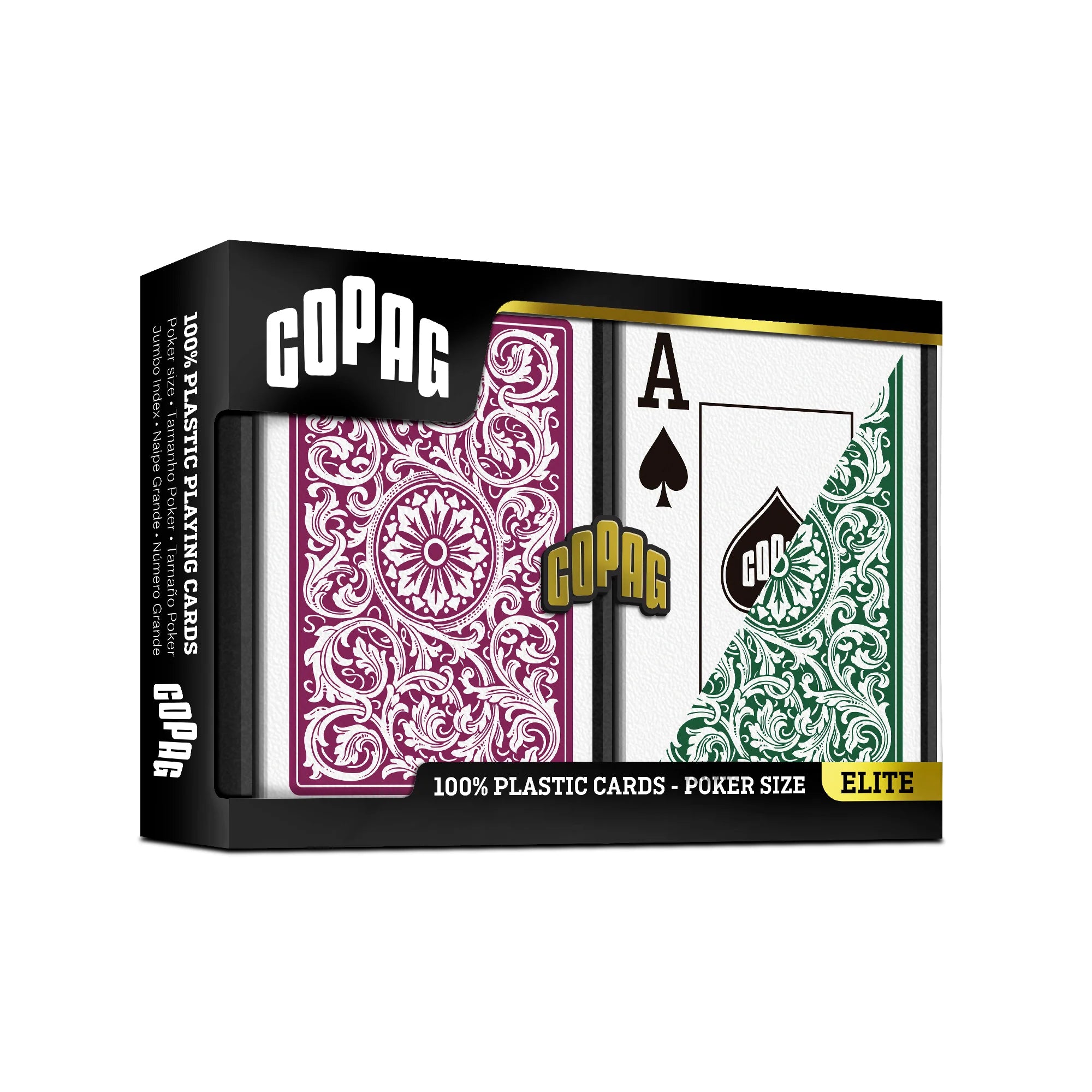 Box of Copag 1546 Playing Cards – Poker Size, Jumbo Index (Burgundy & Green) with two card designs on a white background