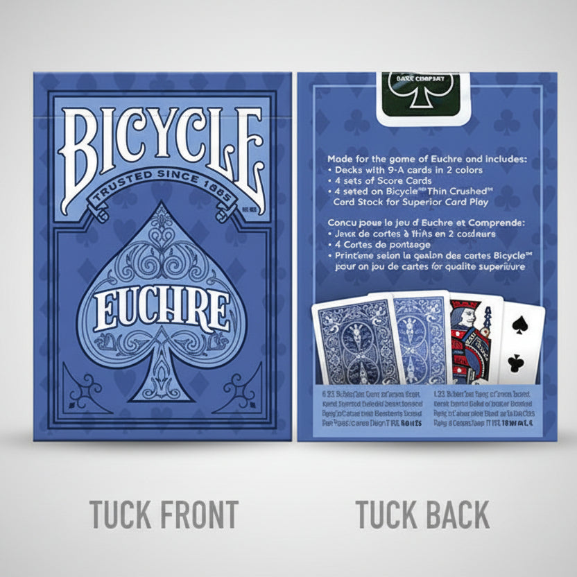 Bicycle Euchre playing cards with tuck front and tuck back designs on a white background