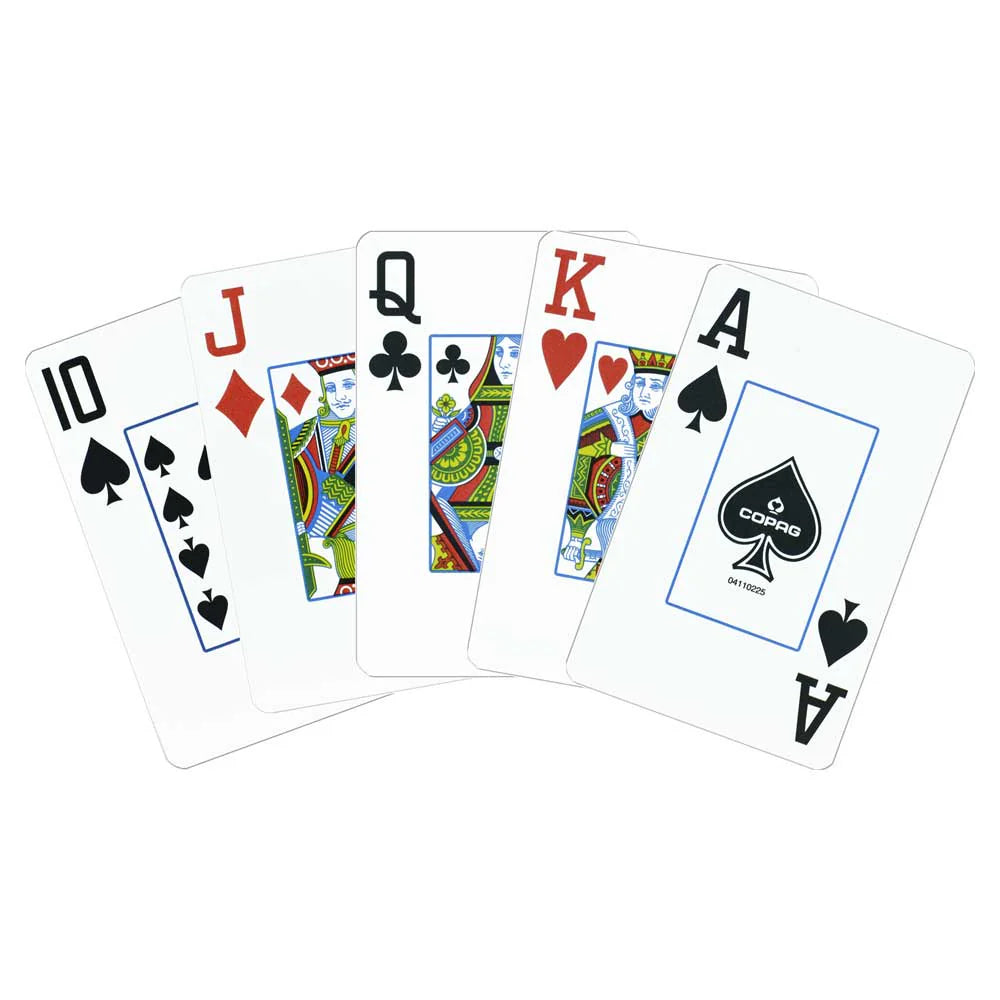 Set of Copag Bridge Size Jumbo Index Playing Cards including Jack, Queen, King, and Ace of Spades on a white background
