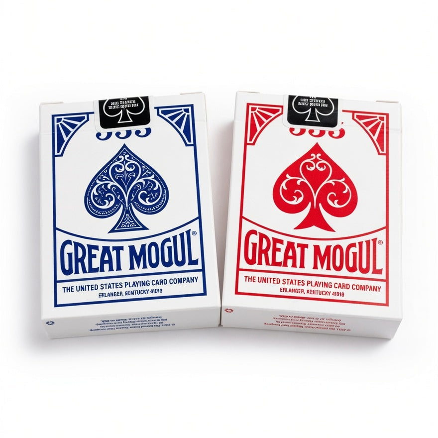 Two Great Mogul playing card boxes, one blue and one red, on a white background.