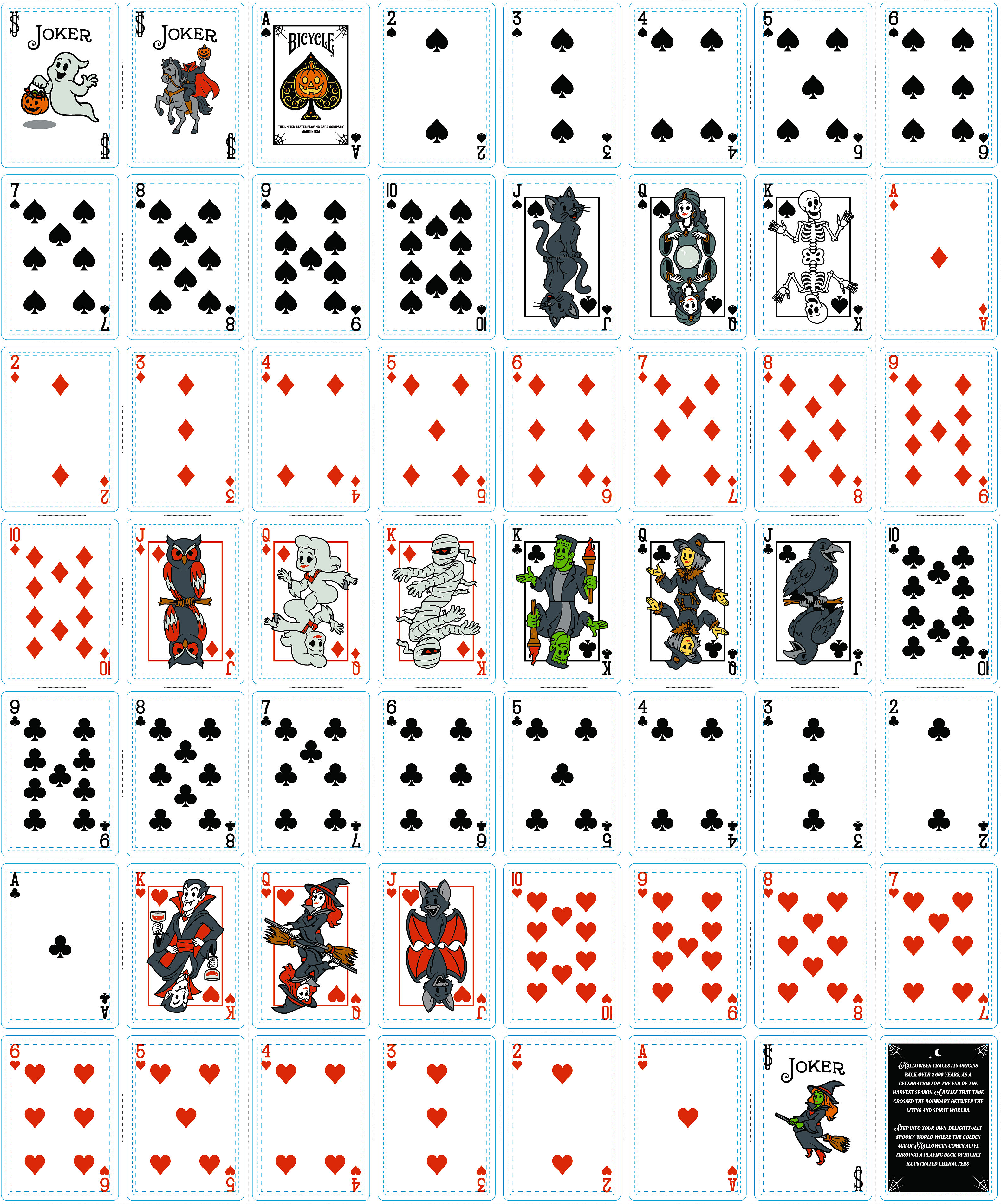 Full 56-card Bicycle Classic Halloween deck showing custom character courts, three Jokers, and Halloween history card