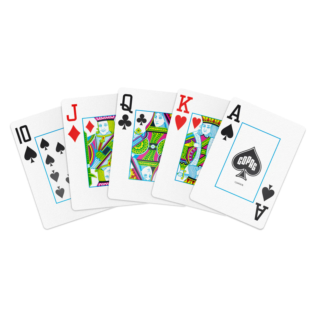 Set of playing cards with colorful designs on a white background