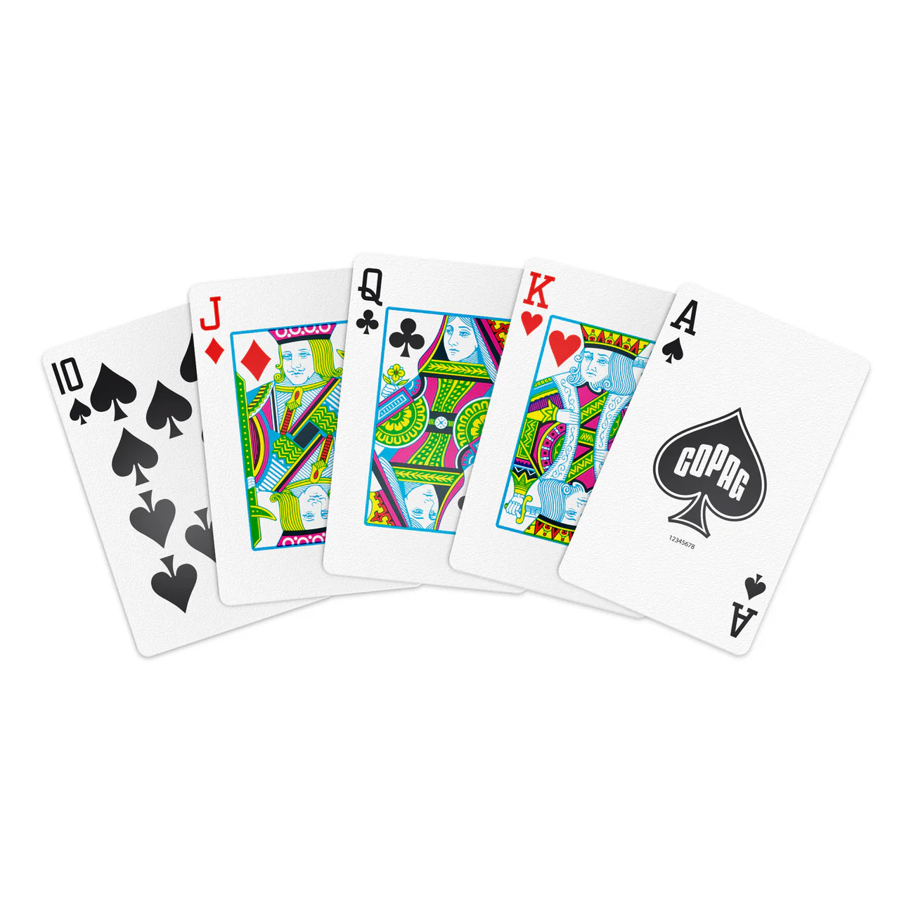 Set of playing cards with colorful designs on a white background