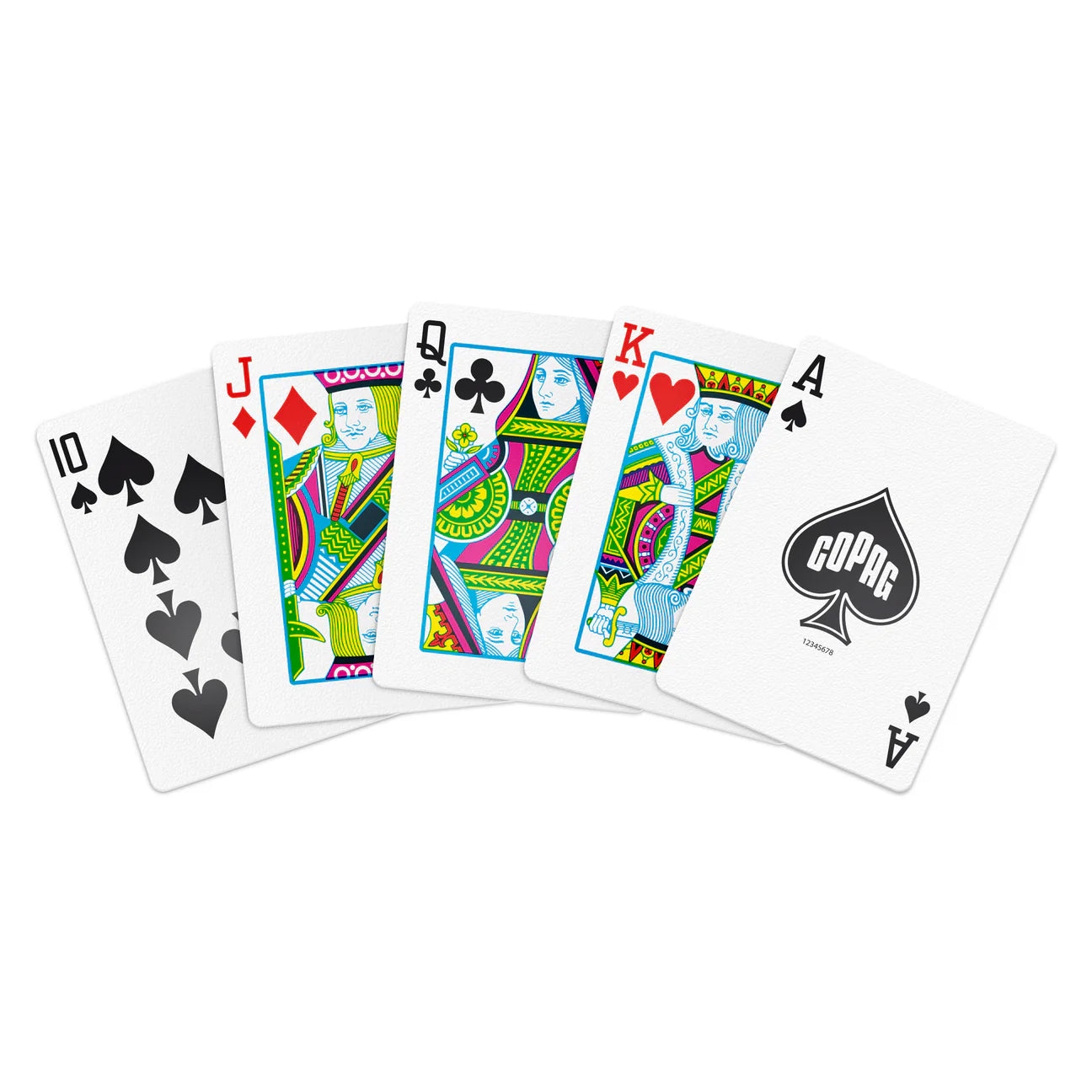 Set of playing cards with colorful designs on a white background