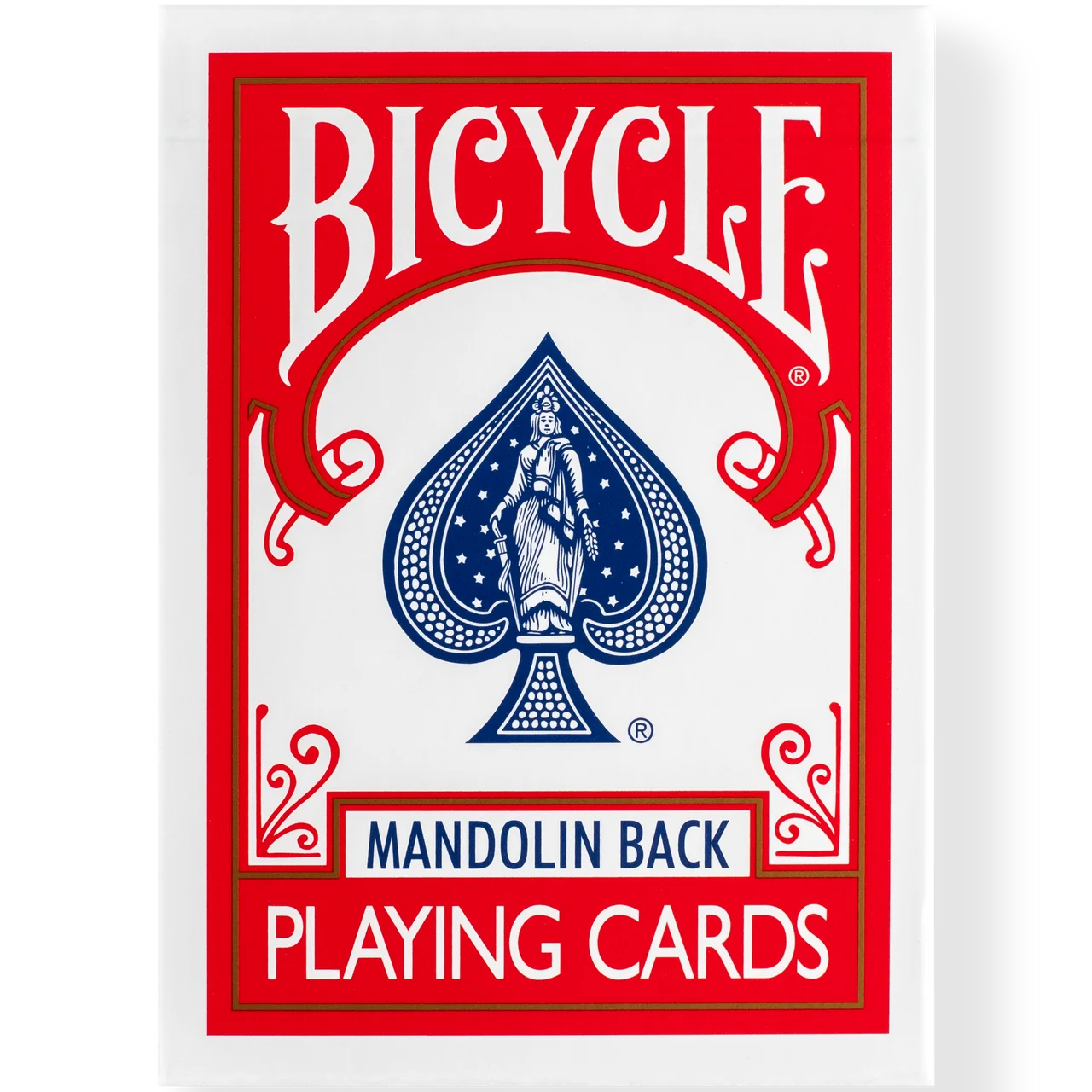 Bicycle playing card deck with red and blue design on a white background