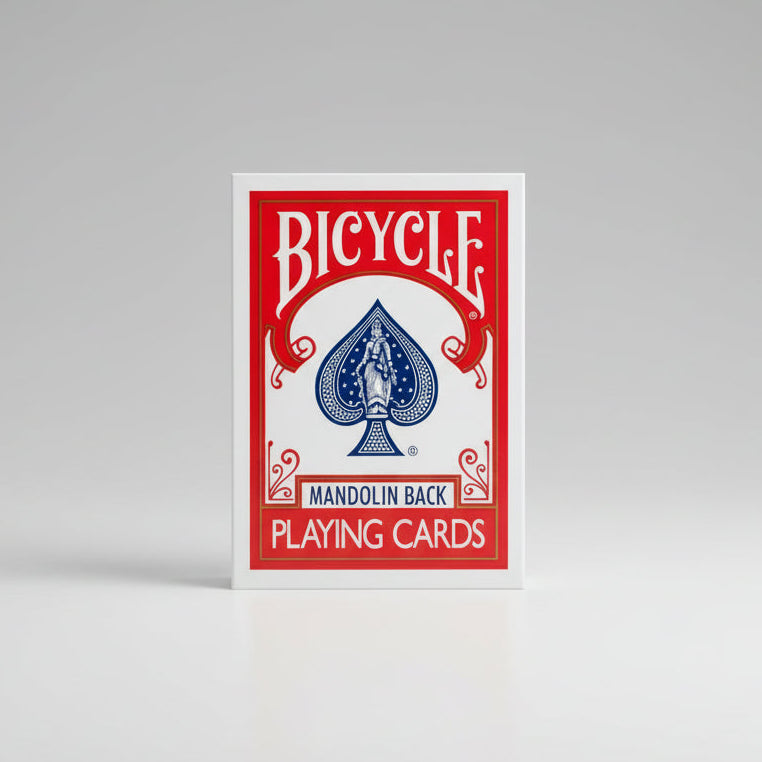 Bicycle playing card deck with red and blue design on a white background