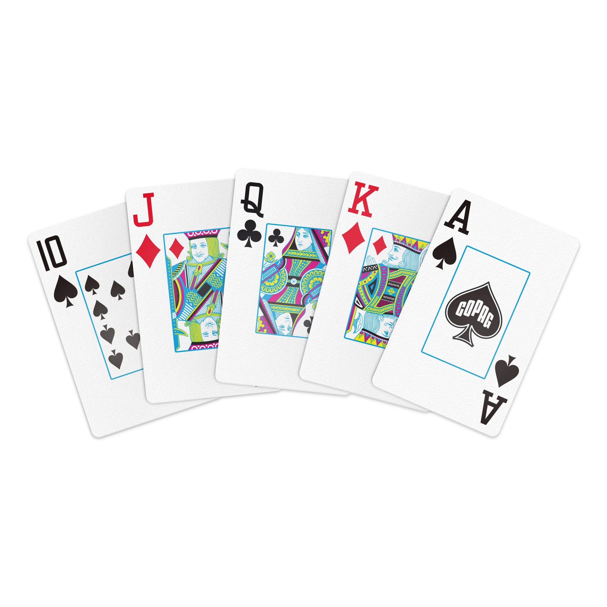 Copag playing cards with colorful designs in jumbo index on a white background