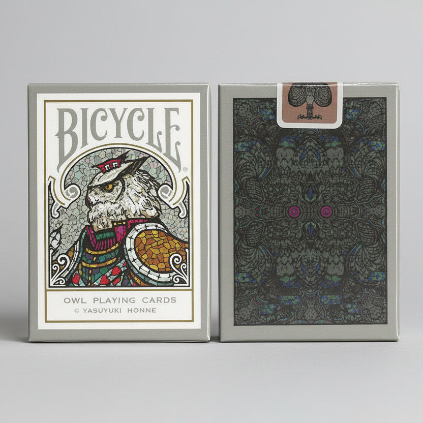 Front and back of Bicycle Owl Playing Cards Ver. 2.0 Castle Back showing owl tuck box and dark mirrored back design