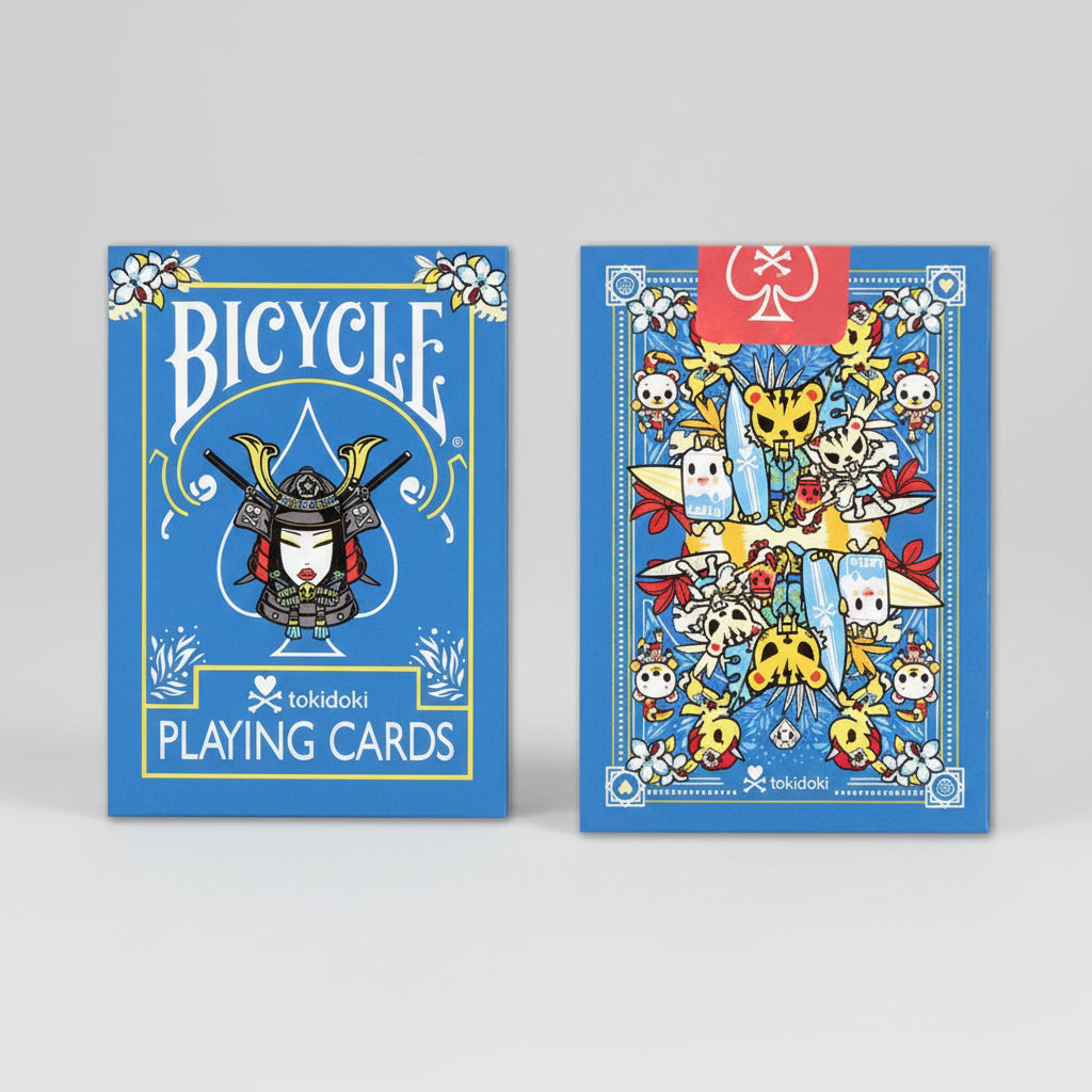 Front and back of Bicycle tokidoki 3 Playing Cards showing blue tuck box and colorful custom back design