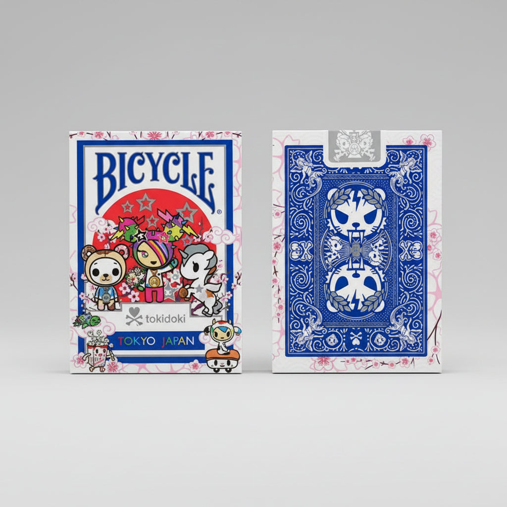 Front and back of Bicycle tokidoki Sports Blue Playing Cards showing tuck box and custom blue back design