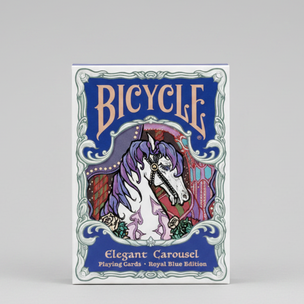 Front of Bicycle Elegant Carousel Royal Blue Edition playing cards tuck box
