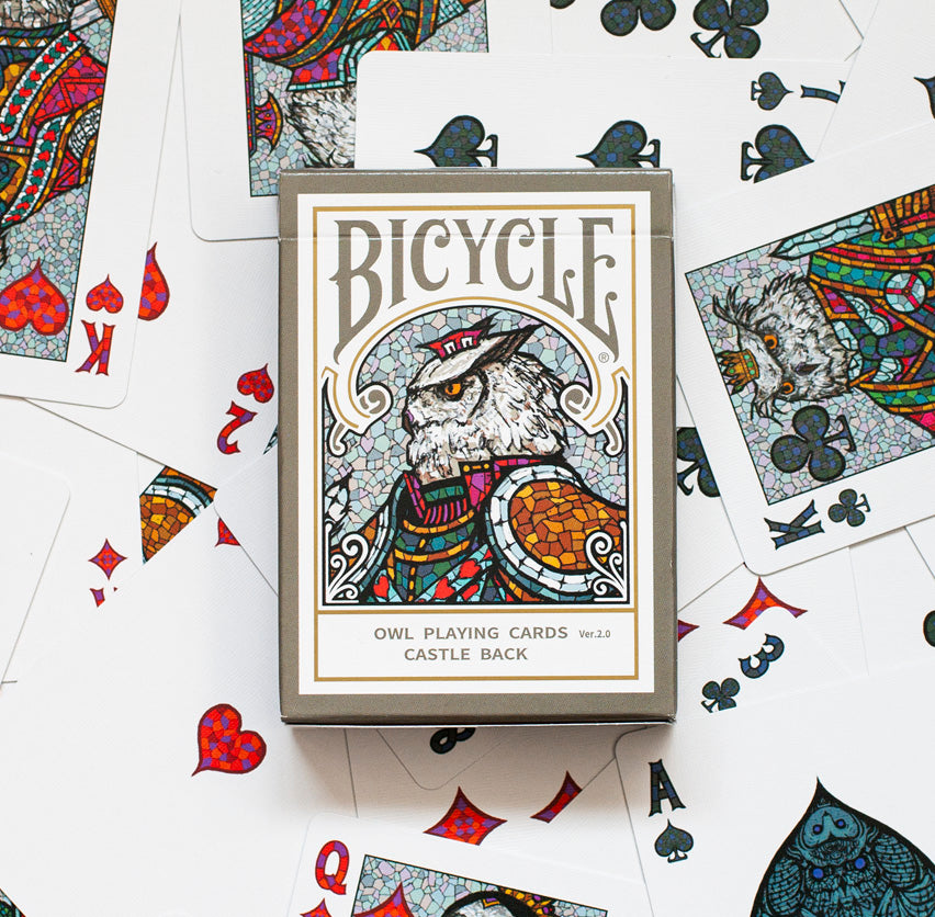 Front of Bicycle Owl Playing Cards Ver. 2.0 Castle Back tuck box with detailed owl portrait artwork