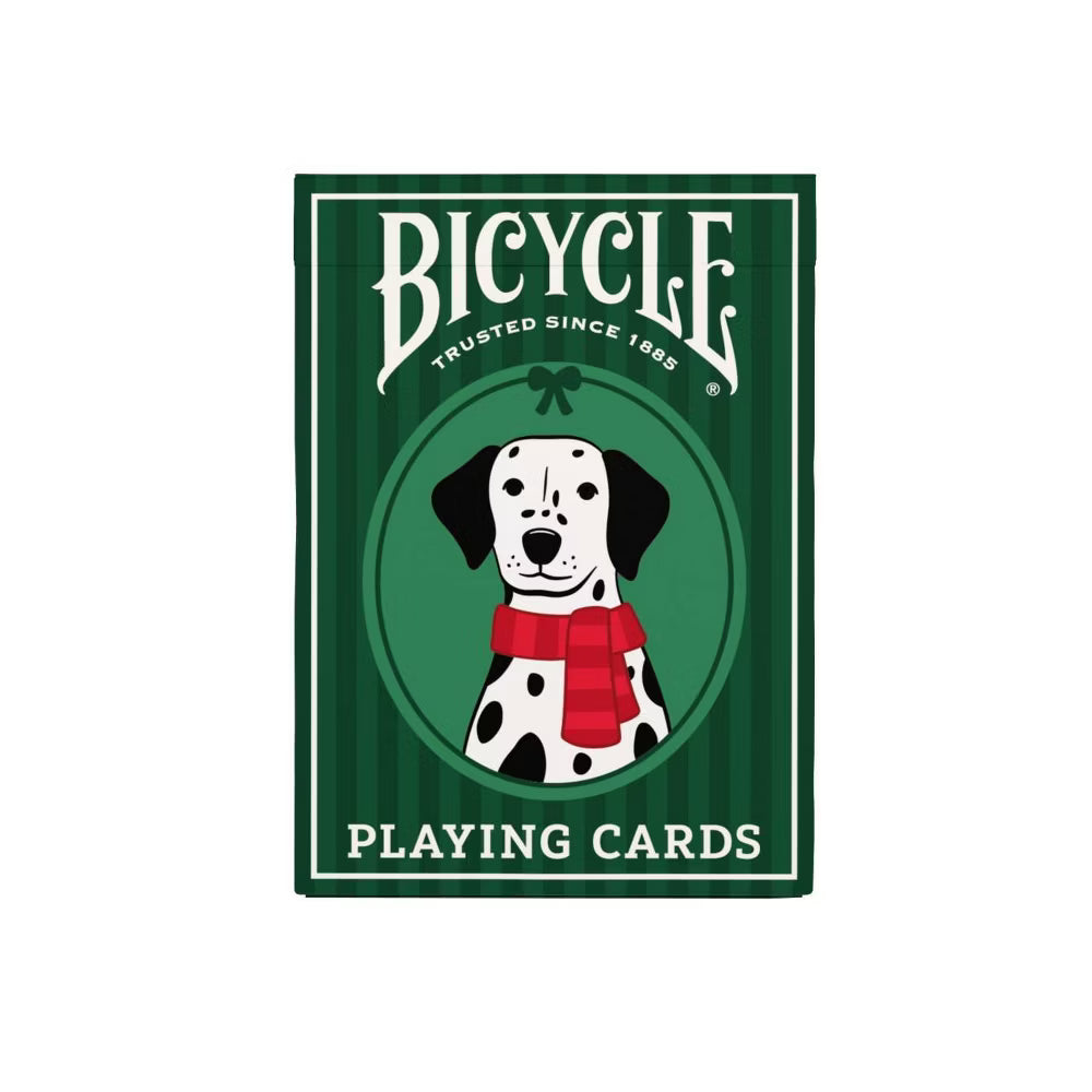 Bicycle playing cards packaging with a dalmatian dog illustration on a green background