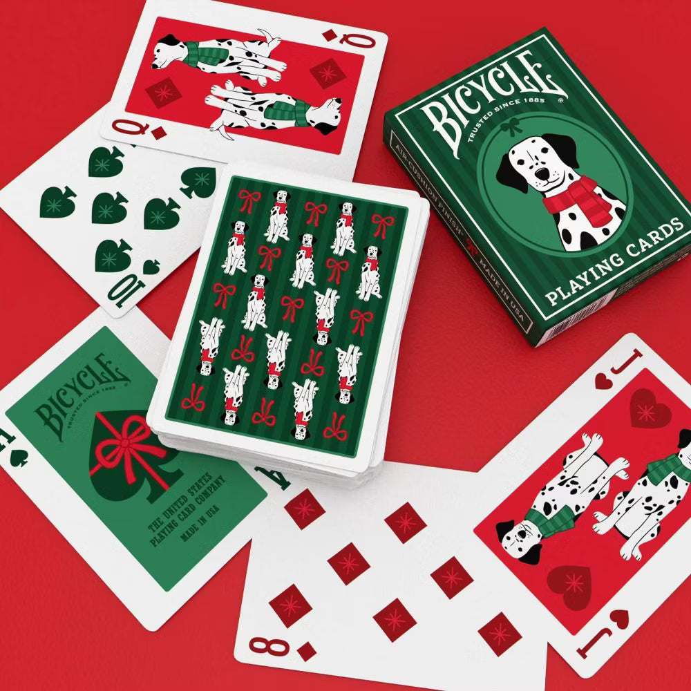 Bicycle playing cards with Dalmatian design on a red background