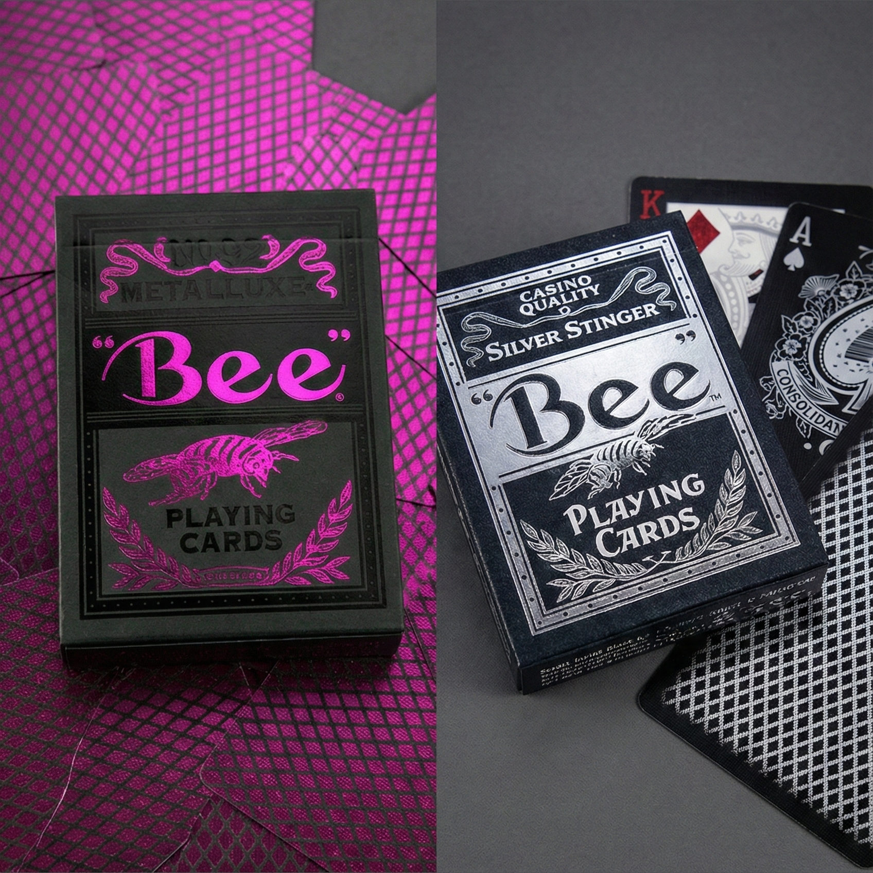 Bee Magenta Metalluxe and Silver Stinger playing cards on a gray background