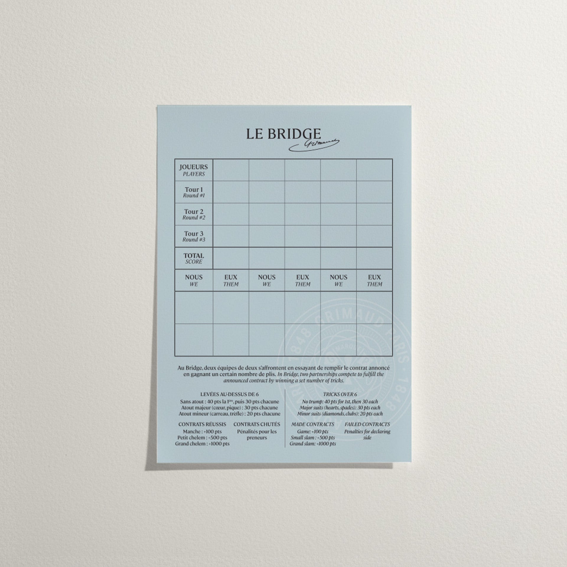 Blue document with 'Le Bridge' branding on a gray background