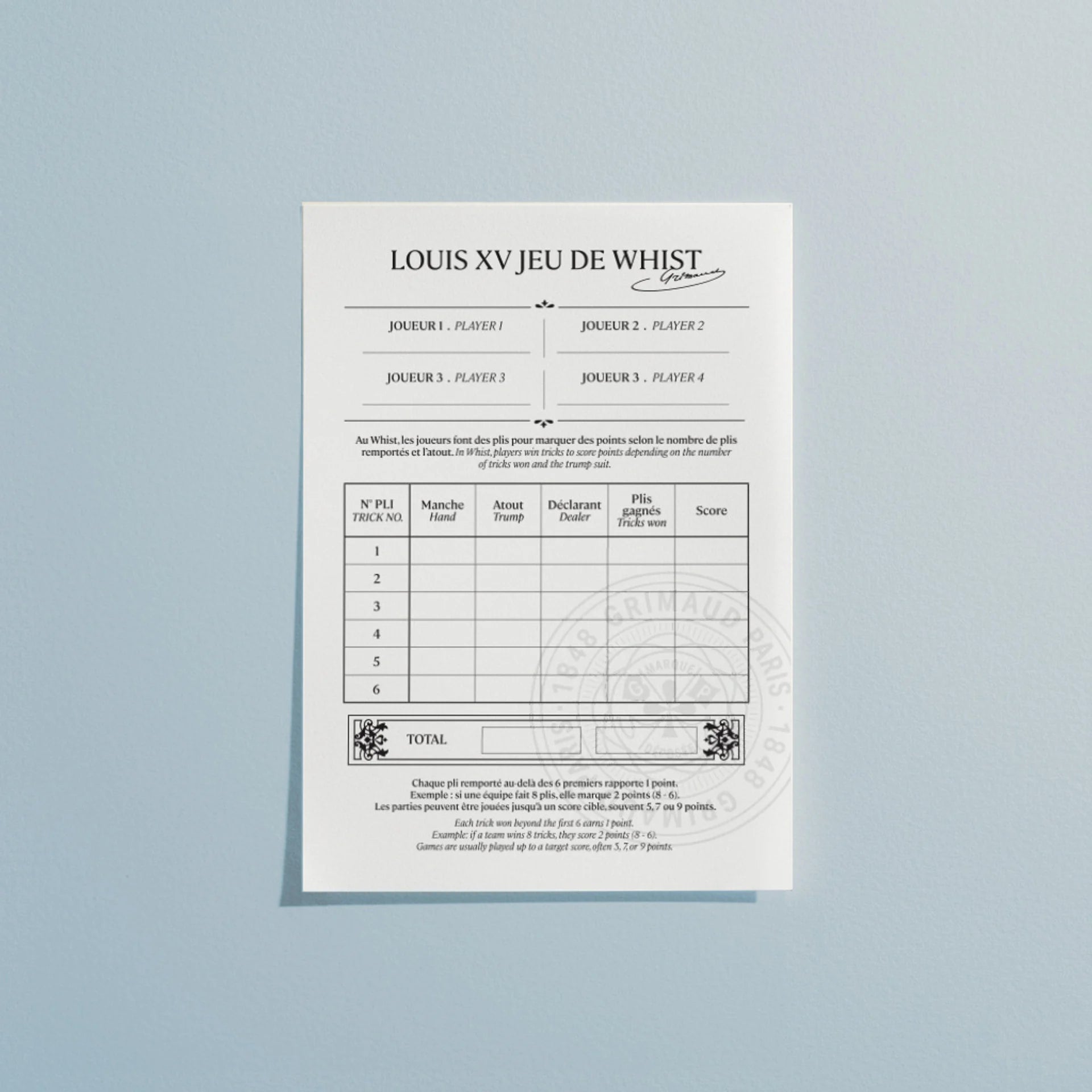 Sheet of paper with 'Louis XV Jeu de Whist' game rules on a light blue background