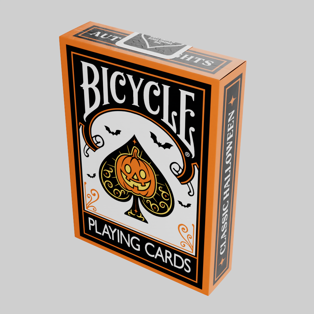 Angled rear view of the Bicycle Classic Halloween orange tuck box