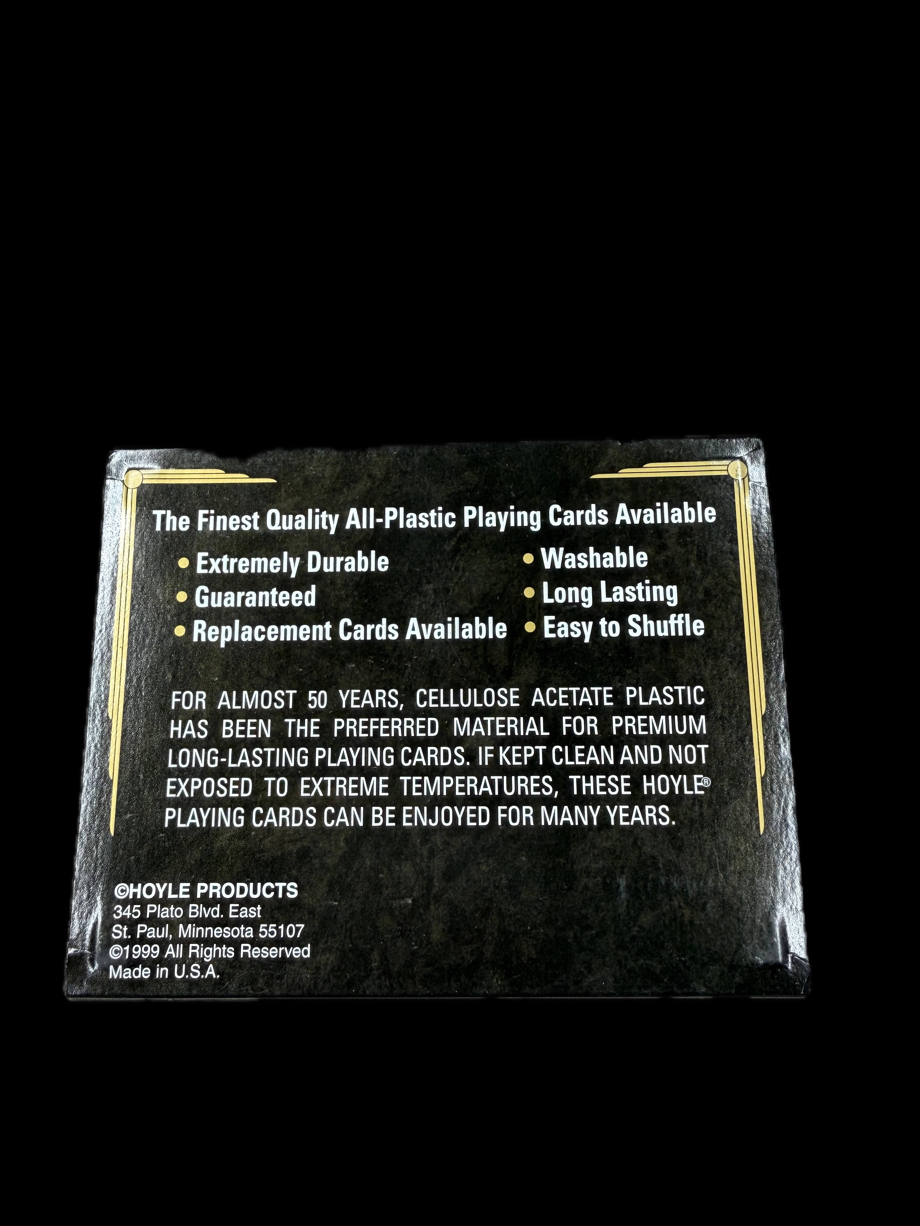 Back of Hoyle 100% Cellulose Acetate  playing card box with text about playing cards on a black background