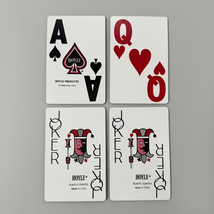 Vintage St. Paul Hoyle Super Jumbo bridge cards with Ace of Spades, Queen of Hearts and two rare red-and-gray Jester Jokers