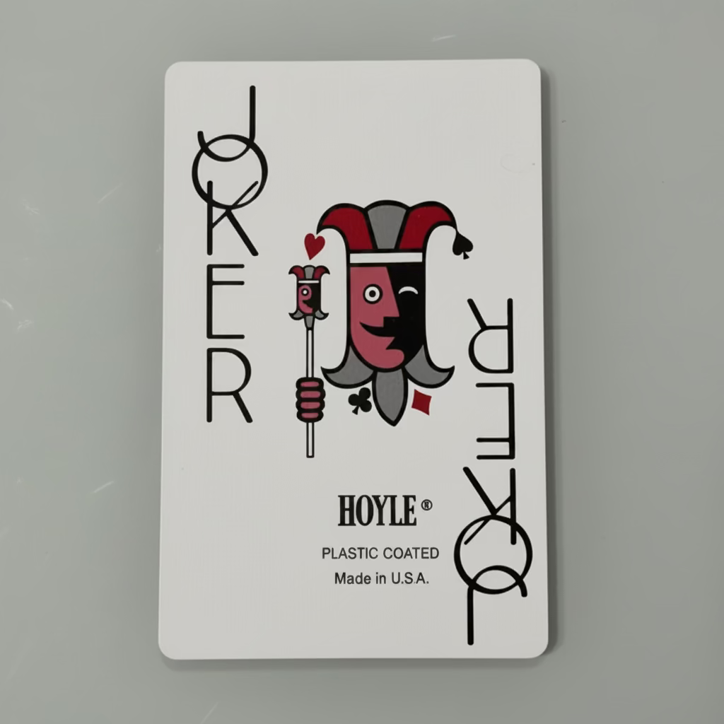 Red-and-gray Hoyle optical-illusion Jester Joker from vintage Super Jumbo bridge deck