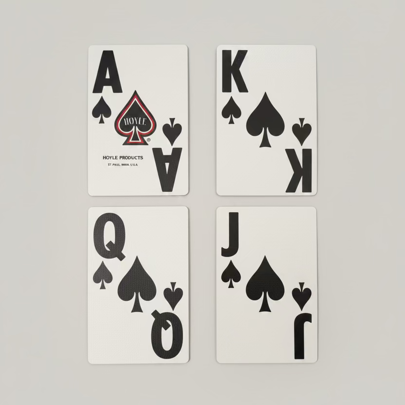 Ace, King, Queen and Jack of Spades with oversized low-vision markings from Hoyle Super Jumbo bridge cards