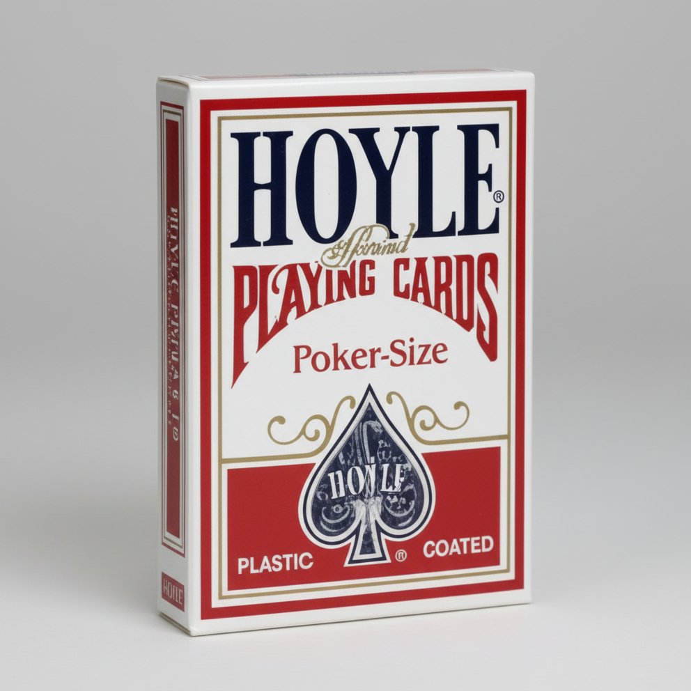 Hoyle red playing cards on a white background