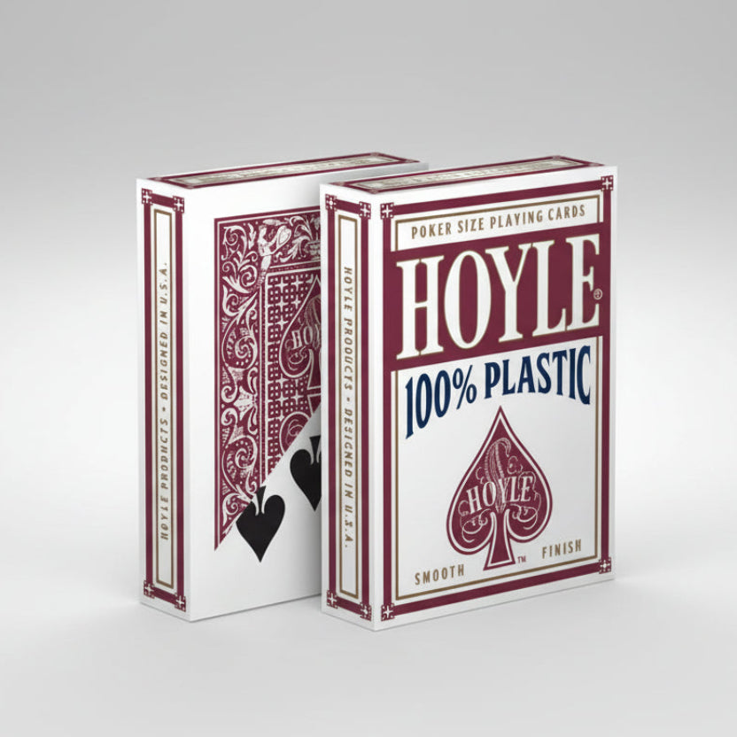 Hoyle poker size 100% plastic playing cards packaging with red and white design.